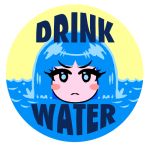  1girl akairiot bangs blue_hair blunt_bangs blush circle english_text eyebrows_visible_through_hair eyes_visible_through_hair kelda_(akairiot) liquid_hair looking_at_viewer lowres no_nose original portrait serious solo splashing water 