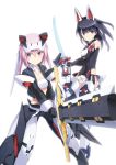  2girls agatsuma_kaede alice_gear_aegis black_eyes black_hair elbow_gloves gloves headgear highres hirasaka_yotsuyu katana long_hair looking_at_viewer mecha_musume midriff multiple_girls official_art pink_hair shimada_fumikane sword violet_eyes weapon white_background 