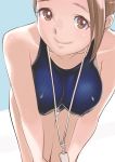  1girl breasts brown_eyes brown_hair cleavage collarbone competition_swimsuit covered_nipples dytm hanging_breasts large_breasts leaning_forward looking_at_viewer one-piece_swimsuit pool_monitor_part-timer_(dytm) skin_tight smile solo swimsuit thigh_gap whistle 