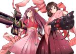  2girls bow breasts brown_hair commentary_request cross_punisher drill_hair frown gun hair_bow harukaze_(kantai_collection) holding holding_weapon japanese_clothes kamikaze_(kantai_collection) kantai_collection kimono long_hair machine_gun medium_breasts meiji_schoolgirl_uniform mokerou multiple_girls pink_kimono pink_ribbon purple_hair red_eyes ribbon simple_background smile trigun twin_drills umbrella violet_eyes weapon white_background 