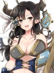  1girl :d augusta_(granblue_fantasy) bare_shoulders black_hair breasts butterfly_hair_ornament cleavage collarbone draph dress feathers granblue_fantasy hair_feathers hair_ornament highres horn_ornament horns large_breasts long_hair open_mouth pointy_ears simple_background smile solo upper_body white_background yellow_eyes yuzuru_(xxelysionxx) 