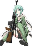  1girl black_gloves black_shorts blue_hair breasts cleavage fingerless_gloves gloves green_eyes green_jacket green_legwear gun hair_ornament hairclip holding holding_gun holding_weapon invisible_chair jacket looking_at_viewer natsuzakura_yuuki open_clothes open_jacket pgm_hecate_ii rifle scarf shiny shiny_hair short_hair_with_long_locks short_shorts shorts sidelocks simple_background sinon sitting small_breasts sniper_rifle solo sword_art_online weapon white_background white_scarf 