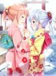  2girls :d blue_eyes blue_hair blurry blurry_background blush bow breathing_on_another&#039;s_hands breathing_on_hands closed_eyes commentary_request depth_of_field eyebrows_visible_through_hair facing_away floral_print from_side gochuumon_wa_usagi_desu_ka? hair_bow hair_ornament hand_holding heart hoto_cocoa irori japanese_clothes kafuu_chino kimono light_brown_hair long_hair long_sleeves looking_at_another multiple_girls obi open_mouth pink_kimono ponytail print_kimono profile sash sidelocks smile torii wide_sleeves x_hair_ornament yellow_bow yellow_kimono 