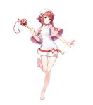  1girl amagai_tarou bangs bare_legs barefoot breasts dress feet fire_emblem fire_emblem_heroes fire_emblem_if full_body highres holding nintendo official_art pink_hair red_eyes sakura_(fire_emblem_if) shiny shiny_hair short_dress short_hair sidelocks small_breasts solo toes towel towel_around_neck towel_on_head 