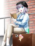  1girl :o alternate_costume black_hat blue_eyes blue_shirt blush bolo_tie book brick_wall casual commentary_request contemporary food grey_hair hat highres holding holding_book holding_food kantai_collection khakis legs_crossed moto_rom_moppara pale_skin railing reading sandwich shinkaisei-kan shirt short_hair sidelocks sitting solo suitcase watch watch wo-class_aircraft_carrier 