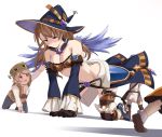  1girl 3boys all_fours beatrix_(granblue_fantasy) black_gloves blue_hat blue_sleeves blush bra breasts brown_hair choker cleavage detached_sleeves embarrassed gloves granblue_fantasy groin hat long_hair long_sleeves medium_breasts midriff multiple_boys navel shiseki_hirame simple_background stomach strapless strapless_bra striped striped_bra striped_legwear thigh-highs underwear white_background witch_hat 