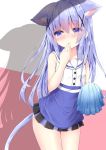  1girl animal_ear_fluff animal_ears bangs blue_eyes blue_hair blush cat_ears cat_tail eyebrows_visible_through_hair gochuumon_wa_usagi_desu_ka? hair_between_eyes hair_ornament highres kafuu_chino kouda_suzu long_hair pom_poms sailor_collar shadow shirt sidelocks skirt sleeveless sleeveless_shirt solo tail two-tone_background x_hair_ornament 