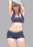  1girl armpits arms_up bangs blue_hair boxers closed_eyes commentary_request eyebrows_visible_through_hair grey_background highres long_hair navel original simple_background solo underwear undressing yomu_(sgt_epper) 