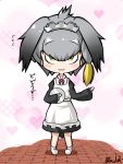 1girl :3 alternate_costume apron bangs bird_tail black_dress black_hair blonde_hair blush_stickers bow bowtie chibi closed_mouth commentary_request dress enmaided eyebrows_visible_through_hair flying_sweatdrops full_body grey_hair hair_between_eyes hair_intakes hand_up heart heart_background holding holding_tray kemono_friends long_sleeves looking_at_viewer low_ponytail maid maid_apron maid_headdress medium_hair multicolored_hair rakugakiraid red_neckwear shoebill_(kemono_friends) side_ponytail signature smile solo standing tray white_apron yellow_eyes 