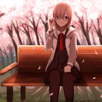  1girl arm_up bench black-framed_eyewear black_dress brown_legwear closed_mouth collared_dress commentary_request dress eyes_visible_through_hair fate/grand_order fate_(series) feet_out_of_frame flower glasses grass hair_over_one_eye hood hood_down hooded_jacket jacket kosumi long_sleeves mash_kyrielight necktie on_bench open_clothes open_jacket pantyhose park_bench petals pink_flower pink_hair pleated_dress red_neckwear sitting smile solo tree violet_eyes white_jacket 