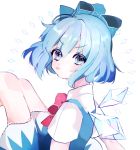  1girl bangs blue_dress blue_eyes blue_hair bow cirno dress eyebrows_visible_through_hair eyes_visible_through_hair from_behind hair_bow highres ice ice_wings knees_up komachi_(pixiv) looking_at_viewer looking_back red_bow short_hair short_sleeves solo tongue tongue_out touhou white_background wings 