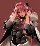  1boy arms_around_neck astolfo_(fate) black_bow black_ribbon bow bowalia braid commentary cross cross_necklace fang fate/apocrypha fate/grand_order fate_(series) fur-trimmed_cloak fur_collar hair_between_eyes hair_intakes hair_ribbon jewelry long_braid long_hair looking_at_viewer male_focus multicolored_hair necklace pink_hair ribbon single_braid streaked_hair tongue tongue_out trap two-tone_hair violet_eyes white_cloak 