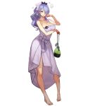  1girl bag bangs bare_arms bare_shoulders barefoot breasts camilla_(fire_emblem_if) cleavage dress feet fire_emblem fire_emblem_heroes fire_emblem_if full_body hair_ornament hair_over_one_eye hand_up highres holding large_breasts long_hair looking_at_viewer nintendo official_art purple_hair smile solo steam strapless strapless_dress toenails toes transparent_background violet_eyes 