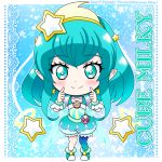  1girl aqua_choker chibi cure_milky earrings hagoromo_lala hair_ornament hairband hikari_(hikari_no_kobako) jewelry magical_girl precure see-through_sleeves single_leg_pantyhose star star_color_pen star_earrings star_hair_ornament star_in_eye star_twinkle_precure symbol_in_eye yellow_earrings yellow_hairband 