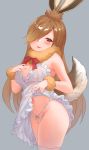  1girl :3 animal_ears blush breasts brown_eyes brown_hair choir_(artist) cleavage cowboy_shot dress dress_lift european_hare_(kemono_friends) from_side grey_background hair_over_one_eye highleg highleg_panties highres kemono_friends long_hair looking_at_viewer medium_breasts navel panties simple_background smile solo tail thigh-highs underwear white_dress white_legwear white_panties wrist_cuffs 