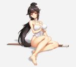  1girl arm_under_breasts athenawyrm azur_lane black_hair bokken bow breast_hold breasts brown_eyes casual_one-piece_swimsuit closed_mouth commentary_request criss-cross_halter full_body hair_bow hair_flaps halterneck long_hair looking_at_viewer one-piece_swimsuit ponytail ribbon simple_background sitting solo swimsuit sword takao_(azur_lane) takao_(beach_rhapsody)_(azur_lane) weapon white_background white_bow white_ribbon white_swimsuit wooden_sword 