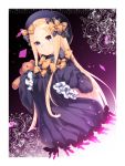  1girl abigail_williams_(fate/grand_order) absurdres bangs black_bow black_dress black_hat blonde_hair blue_eyes bow cropped_legs dress fate/grand_order fate_(series) hair_bow hat highres long_hair orange_bow parted_bangs polka_dot polka_dot_bow shiny shiny_hair sleeves_past_wrists solo very_long_hair yutazou 