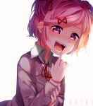  1girl blush collar doki_doki_literature_club highres janineuy09 long_sleeves natsuki_(doki_doki_literature_club) neck_ribbon open_mouth pink_eyes pink_hair red_ribbon ribbon school_uniform short_hair teeth white_collar 