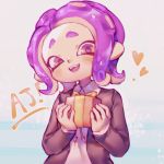 1girl blush box collared_shirt forehead gift gift_box gradient gradient_background head_tilt heart highres holding holding_gift long_sleeves looking_at_viewer medium_hair octarian octoling open_mouth pi_q purple_hair red_eyes shirt short_eyebrows smile solo splatoon_(series) suction_cups tentacle_hair upper_body 