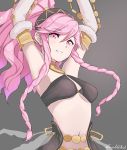  1girl blush braid breasts fire_emblem fire_emblem:_kakusei grimmelsdathird hairband highres long_hair looking_at_viewer nintendo olivia_(fire_emblem) pink_hair ponytail simple_background smile solo twin_braids 