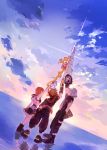  1girl 2boys arm_at_side arm_up back blue_sky boots clouds fingerless_gloves from_behind gloves holding holding_weapon hood hood_down hoodie jacket kairi_(kingdom_hearts) keyblade kingdom_hearts kingdom_hearts_iii lens_flare multiple_boys ramochi_(auti) redhead reflection riku ripples shoes short_hair silver_hair sky sneakers sora_(kingdom_hearts) spiky_hair standing standing_on_liquid sunrise water weapon 