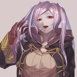 1girl brown_gloves female_my_unit_(fire_emblem:_kakusei) fire_emblem fire_emblem:_kakusei fire_emblem_heroes gimurei gloves highres hood hood_down hutuuno_tsubo long_hair long_sleeves my_unit_(fire_emblem:_kakusei) nintendo open_mouth red_eyes robe simple_background solo twintails upper_body white_hair 