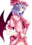  1girl bat_wings blue_hair breasts dress dress_lift fangs hat hat_ribbon highres looking_at_viewer mob_cap no_bra no_panties older out-of-frame_censoring pink_dress pink_ribbon pointy_ears red_eyes remilia_scarlet ribbon simple_background solo touhou undressing vampire white_background wings zeramu 