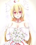  1girl :d alternate_costume bare_shoulders blonde_hair blush bouquet breasts bridal_veil cleavage collarbone commentary_request crescent diamond_(gemstone) dress elbow_gloves eyebrows_visible_through_hair flower gloves hair_between_eyes headpiece highres holding holding_bouquet jewelry junko_(touhou) lace lace-trimmed_gloves large_breasts long_hair looking_at_viewer musteflott419 necklace open_mouth red_eyes smile solo strapless strapless_dress touhou upper_body veil very_long_hair wedding_dress white_dress white_gloves 