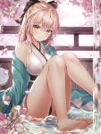 1girl ahoge bare_legs bare_shoulders barefoot black_bow blonde_hair blue_sky blurry blurry_background blush bow breasts cherry_blossoms eyebrows_visible_through_hair fate/grand_order fate_(series) feet hair_between_eyes hair_bow highres japanese_clothes kimono large_breasts looking_at_viewer mellozzo off_shoulder okita_souji_(fate) okita_souji_(fate)_(all) petals sash scarf short_hair sitting sky smile soles solo sparkle wet yellow_eyes 