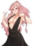  1girl alternate_costume black_dress blush braid breasts cocktail_glass cup dress drinking_glass fire_emblem fire_emblem:_kakusei hairband highres long_hair medium_breasts nintendo olivia_(fire_emblem) open_mouth pink_eyes pink_hair ponytail solo tridisart twin_braids 