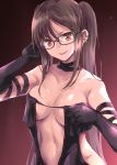  1girl alternate_hairstyle armpit_crease bangs bare_shoulders black-framed_eyewear black_choker black_dress black_gloves breasts breasts_apart brown_eyes brown_hair choker collarbone commentary_request consort_yu_(fate) dress ear_piercing earrings eyebrows_visible_through_hair fate/grand_order fate_(series) glasses gloves gradient gradient_background hand_up head_tilt jewelry long_hair looking_at_viewer marugoshi_(54burger) medium_breasts navel parted_lips piercing revealing_clothes revision sidelocks smile solo stomach twintails upper_body upper_teeth v-shaped_eyebrows 