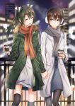  2girls batabata0015 cityscape coat cup dress earmuffs highres interlocked_fingers kaga_(kantai_collection) kantai_collection long_hair multiple_girls pantyhose ribbon scarf side_ponytail smile snow steam thigh-highs twintails winter winter_clothes winter_coat zuikaku_(kantai_collection) 