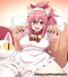  1girl animal_ear_fluff animal_ears apron bangs bare_shoulders bell bell_collar blush bow breasts cat_hair_ornament cat_paws claws collar fang fate/extra fate/grand_order fate_(series) fox_ears fox_tail frills gloves gradient gradient_background hair_between_eyes hair_bow hair_ornament highres hinghoi jingle_bell large_breasts long_hair looking_at_viewer lying maid_headdress naked_apron on_back on_bed open_mouth orange_background paw_gloves paws pillow pink_hair ponytail red_bow sidelocks single_thighhigh smile solo spread_legs tail tamamo_(fate)_(all) tamamo_cat_(fate) thigh-highs thighs white_legwear yellow_eyes 
