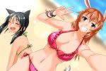  2girls animal_ears beach bikini black_ears black_hair blue_eyes blush breasts bunny_tail cat_ears charlotte_e_yeager cleavage closed_eyes collarbone dutch_angle francesca_lucchini groin highres hiroshi_(hunter-of-kct) large_breasts long_hair multiple_girls navel orange_hair rabbit_ears sand self_shot side-tie_bikini smile strike_witches swimsuit tail world_witches_series 