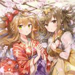  2girls :o bangs blush bow braid breasts brown_eyes brown_hair cherry_blossoms eyebrows_visible_through_hair floral_print flower girls_frontline green_eyes hair_bow hair_ornament japanese_clothes k-2_(girls_frontline) kimono long_hair long_sleeves looking_at_viewer melings_(aot2846) multiple_girls obi own_hands_together parted_lips petals print_kimono red_bow red_kimono rfb_(girls_frontline) sash sidelocks striped striped_kimono tree_branch wide_sleeves 