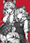  2girls animal_ears animal_print bangs bow breast_pocket closed_eyes collared_shirt commentary_request extra_ears eyebrows_visible_through_hair eyes_visible_through_hair garter_straps gloves greyscale hair_between_eyes hair_bow hatagaya japari_symbol kemono_friends long_hair looking_at_viewer low-tied_long_hair medium_hair monochrome multicolored_hair multiple_girls necktie parted_lips plaid plaid_neckwear plaid_skirt plaid_sleeves pocket print_gloves print_legwear red_background shirt short_sleeves siberian_tiger_(kemono_friends) sidelocks signature simple_background sitting skirt slit_pupils smile standing sweater_vest thigh-highs tiger_(kemono_friends) tiger_ears tiger_print tsurime twintails wing_collar zettai_ryouiki 