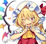  1girl ;d ascot bangs blonde_hair blush bow commentary_request dated eyebrows_visible_through_hair fangs fingernails flandre_scarlet hair_between_eyes hat hat_bow heart index_fingers_raised iroyopon long_hair looking_at_viewer mob_cap nail_polish one_eye_closed one_side_up open_mouth puffy_short_sleeves puffy_sleeves red_bow red_eyes red_nails red_vest sharp_fingernails shirt short_sleeves signature simple_background smile solo touhou upper_body vest white_background white_hat white_shirt wings yellow_neckwear 