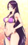  1girl armpits bangs blush bow breasts cleavage collarbone commentary_request cowboy_shot erect_nipples eyebrows_visible_through_hair fate/grand_order fate_(series) hair_between_eyes hair_over_shoulder holding lingerie long_hair looking_at_viewer minamoto_no_raikou_(fate/grand_order) navel open_mouth panties panty_pull purple_hair simple_background solo standing underwear underwear_only very_long_hair violet_eyes zucchini 