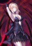 1girl absurdres arms_behind_head artoria_pendragon_(all) black_dress blonde_hair braid breasts cleavage dress eyebrows_visible_through_hair fate/grand_order fate_(series) highres long_hair looking_at_viewer penguintake saber_alter solo sword weapon yellow_eyes 