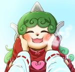  :3 alternate_costume animal_nose blue_sky blush chamaji closed_eyes curly_hair gloves green_hair hakurei_reimu hands_on_another&#039;s_face heart horns komano_aun long_hair open_mouth out_of_frame sky smile steam swirl touhou 
