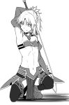  1girl arm_up bra braid breasts detached_sleeves eyebrows_visible_through_hair fate/apocrypha fate_(series) faulds full_body greyscale high_ponytail holding holding_sword holding_weapon long_hair long_sleeves looking_at_viewer midriff monochrome mordred_(fate) mordred_(fate)_(all) navel one_knee shiseki_hirame simple_background small_breasts solo stomach strapless strapless_bra sword thigh-highs under_boob underwear weapon white_background 