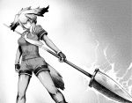  1girl arm_at_side bangs bird_tail bodystocking breast_pocket clenched_hand collared_shirt cowboy_shot energy fingerless_gloves floating_hair gloves greyscale hair_between_eyes holding holding_spear holding_weapon kemono_friends long_hair long_sleeves looking_at_viewer low_ponytail monochrome multicolored_hair necktie outstretched_arm pocket polearm serious shirt shoebill_(kemono_friends) short_over_long_sleeves short_sleeves shorts side_ponytail solo spear standing toritora weapon wing_collar 