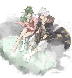  1boy 1girl belt brown_gloves chiki closed_mouth dress fire_emblem fire_emblem:_kakusei fire_emblem_heroes gimurei gloves green_eyes green_hair hood hood_down long_hair male_my_unit_(fire_emblem:_kakusei) mamkute my_unit_(fire_emblem:_kakusei) nintendo pointy_ears ponytail red_dress red_eyes short_hair sitting tiara twitter_username white_hair yamada_(ymdroygbiv) 