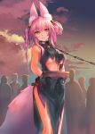  1girl alle_gro animal_ears black_gloves bound breasts china_dress chinese_clothes clouds collar crowd double_bun dress fate/grand_order fate_(series) fox_ears fox_tail gloves koyanskaya large_breasts leash metal_collar pink_hair restrained stocks tail torn_clothes under_boob yellow_eyes 