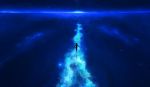  1girl adsuger fantasy full_body highres horizon nature night original outdoors outstretched_arms reflection scenery sky solo standing standing_on_liquid star_(sky) starry_sky water water_surface 