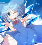  1girl ;d blouse blue_background blue_dress blue_eyes blue_hair blush bow cirno collared_shirt cowboy_shot dress eyebrows_visible_through_hair frilled_dress frilled_skirt frills grin hair_between_eyes hair_bow ice ice_wings kuresento looking_at_viewer neck_ribbon no_nose one_eye_closed open_mouth puffy_sleeves red_ribbon ribbon shirt short_hair short_sleeves skirt smile solo spread_fingers taut_clothes taut_dress touhou white_shirt wide_hips wings 