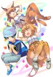 :o animal_ears bag belt blonde_hair blue_eyes blue_vest bow bowtie caracal_(kemono_friends) caracal_ears caracal_tail commentary_request cross-laced_clothes elbow_gloves extra_ears gloves green_hair hat_feather high-waist_skirt holding kemono_friends kyururu_(kemono_friends) long_hair looking_at_another multicolored multicolored_clothes multicolored_gloves open_mouth print_gloves print_legwear print_neckwear print_skirt serval_(kemono_friends) serval_ears serval_print servum shirt short_hair short_sleeves shoulder_bag sketchbook skirt sleeveless sleeveless_shirt tadano_magu tail thigh-highs vest vest_over_shirt white_gloves yellow_eyes yellow_legwear yellow_neckwear yellow_skirt
