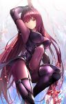  1girl bodysuit breasts covered_navel fate/grand_order fate_(series) hair_intakes highres holding holding_weapon large_breasts leotard long_hair pauldrons polearm purple_bodysuit purple_hair purple_leotard red_eyes scathach_(fate)_(all) scathach_(fate/grand_order) suishougensou weapon 