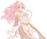  1girl blush braid breasts fire_emblem fire_emblem:_kakusei hairband highres long_hair medium_breasts navel nintendo olivia_(fire_emblem) papapa36 parted_lips pink_eyes pink_hair ponytail simple_background solo thigh-highs twin_braids white_background white_legwear 