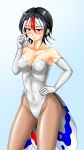  1girl bare_shoulders black_hair black_legwear blue_background blush breasts cleavage collarbone cosplay covered_navel creatures_(company) elbow_gloves frown game_freak gen_1_pokemon gloves goldeen goldeen_(cosplay) hair_between_eyes hand_on_hip horns kasumi_(pokemon) kasumi_(pokemon)_(cosplay) kijin_seija kudou_(ooabareteng) leotard medium_breasts multicolored_hair nintendo pantyhose pokemon pokemon_(anime) red_eyes redhead scratching_cheek solo standing strapless strapless_leotard streaked_hair sweatdrop touhou white_gloves white_hair 